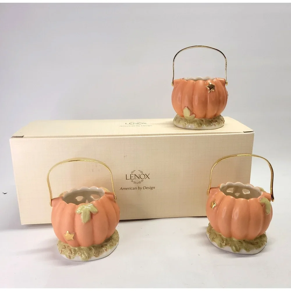 fall pumpkin jack-o-lantern Lenox votive set Halloween $70 porcelain ceramic